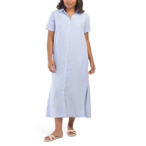 C&C CALIFORNIA Blue/white Linen Blend Cross Dye Maxi Shirt Dress - Picture 1 of 2